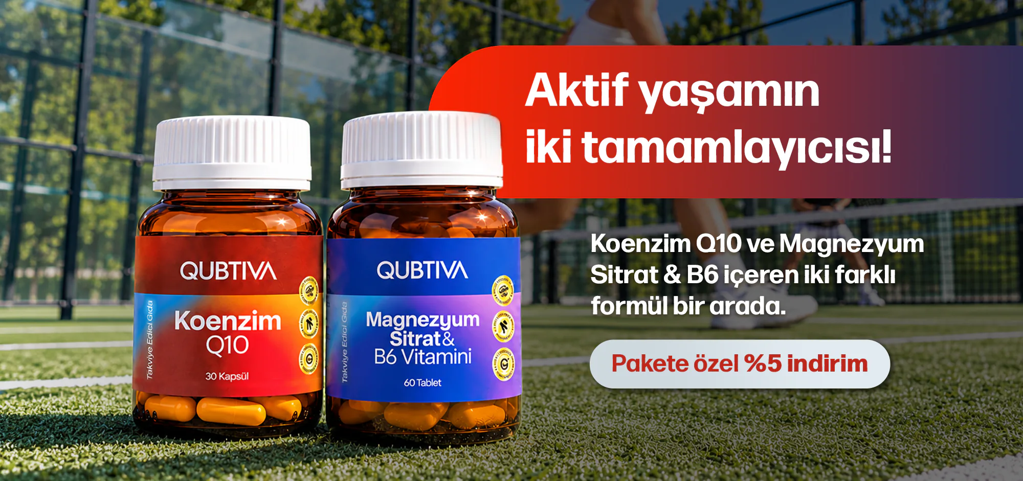 Aktif yaşamın iki tamamlayıcısı: Koenzim Q10 ve Magnezyum Sitrat & B6 içeren iki farklı formül bir arada. Pakete özel %5 indirim