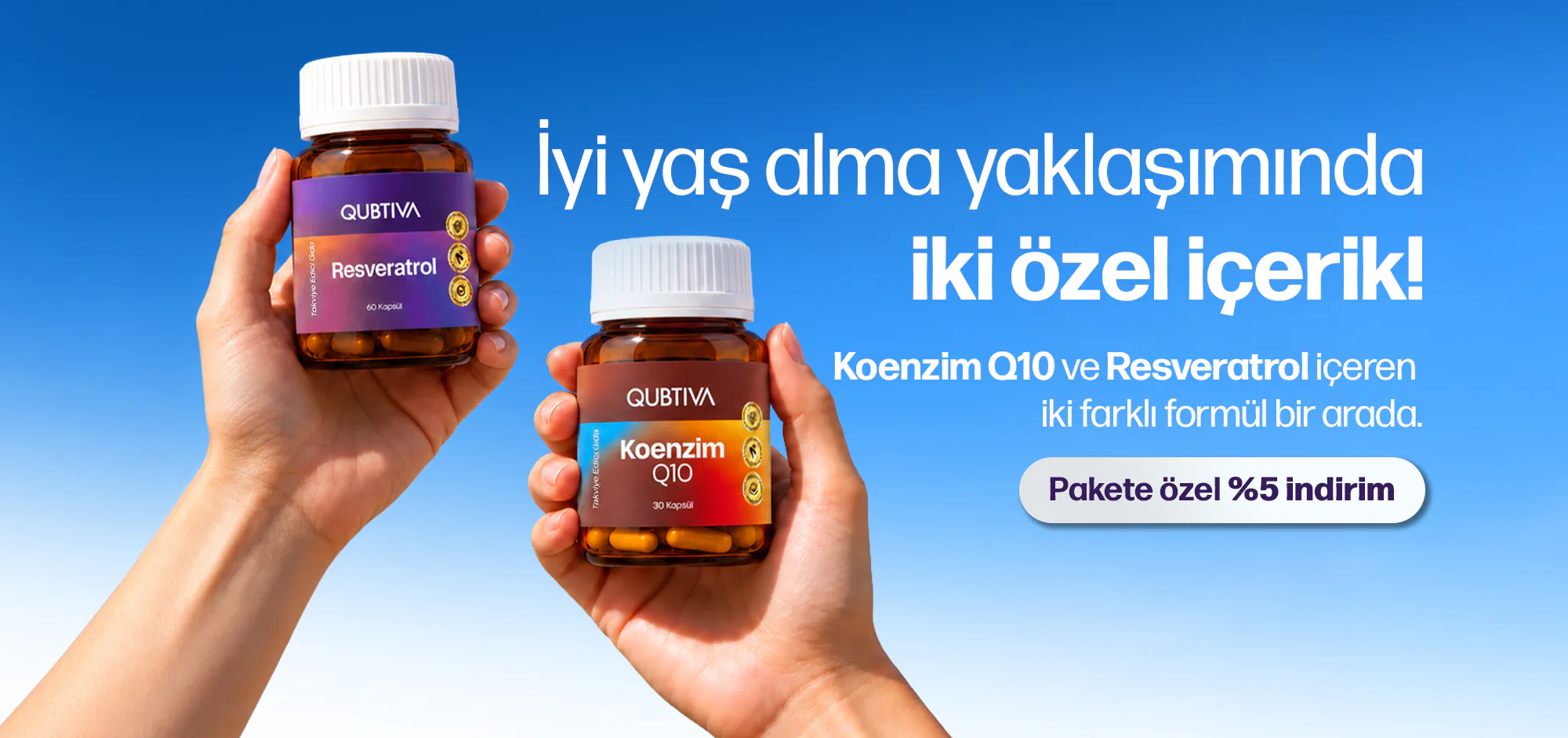 İyi yaş alma yaklaşımında iki özel içerik: Koenzim Q10 ve Resveratrol içeren iki farklı formül bir arada. Pakete özel %5 indirim
