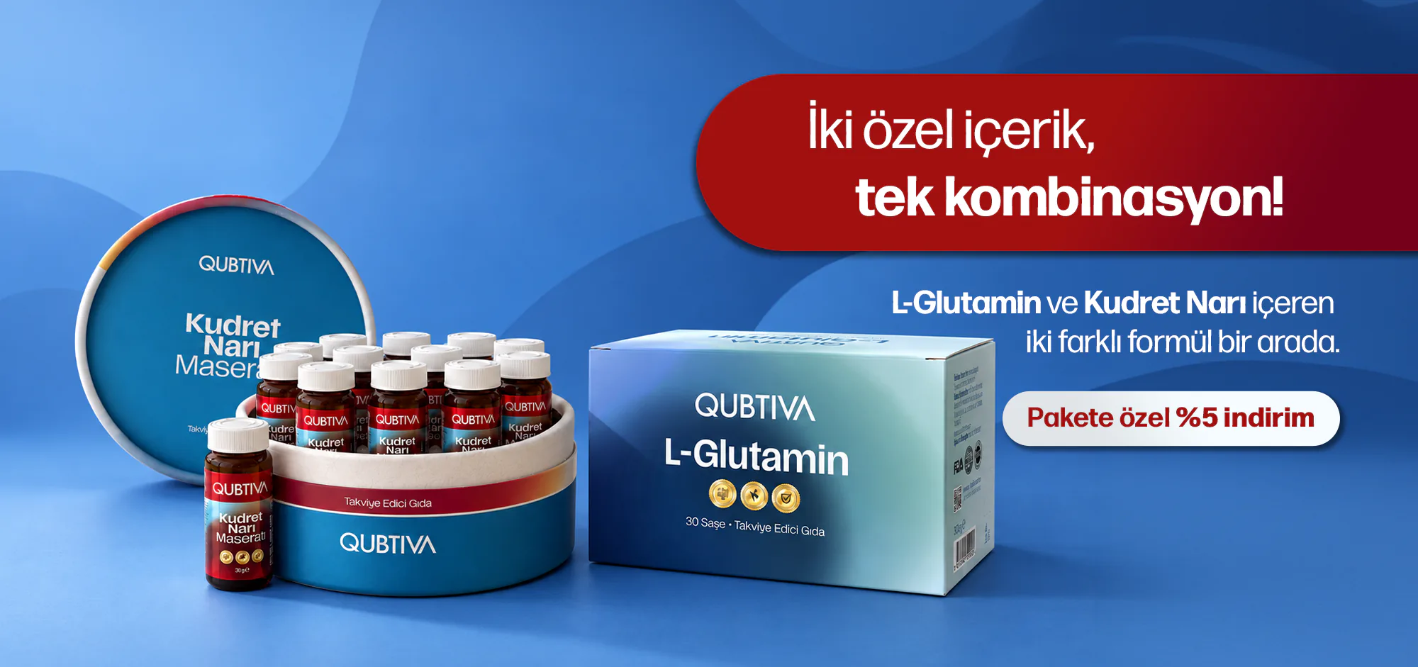 İki özel içerik, tek kombinasyon: L-Glutamin ve Kudret Narı içeren iki farklı formül bir arada. Pakete özel %5 indirim
